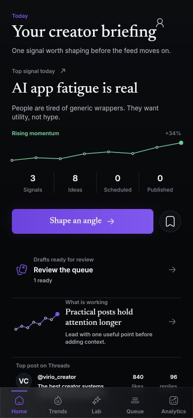 Virio home screen in dark mode showing a creator briefing