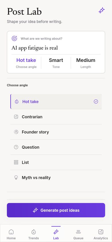 Virio Post Lab in light mode with angle controls